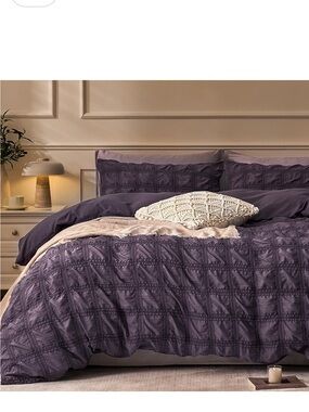NEW JELLYMONI Purple - Grid Seersucker 3-piece Duvet Cover Set. King Size